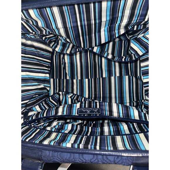 Vera Bradley Navy Quilted Travel Tote With Striped Lining & Leather Handles - Picture 6 of 10